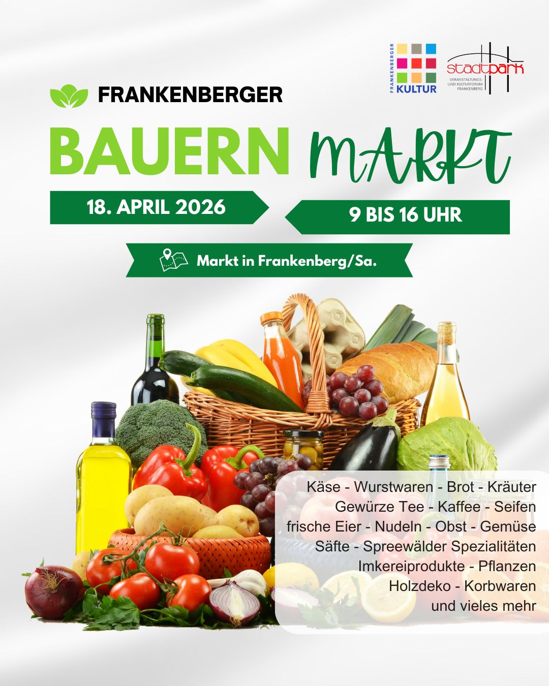 Auch dieses Jahr füllen ca. 15 Händler am 18.04. im Zeitraum 9-16 Uhr unseren alljährlichen April-Bauernmarkt auf dem Frankenberger Marktplatz.