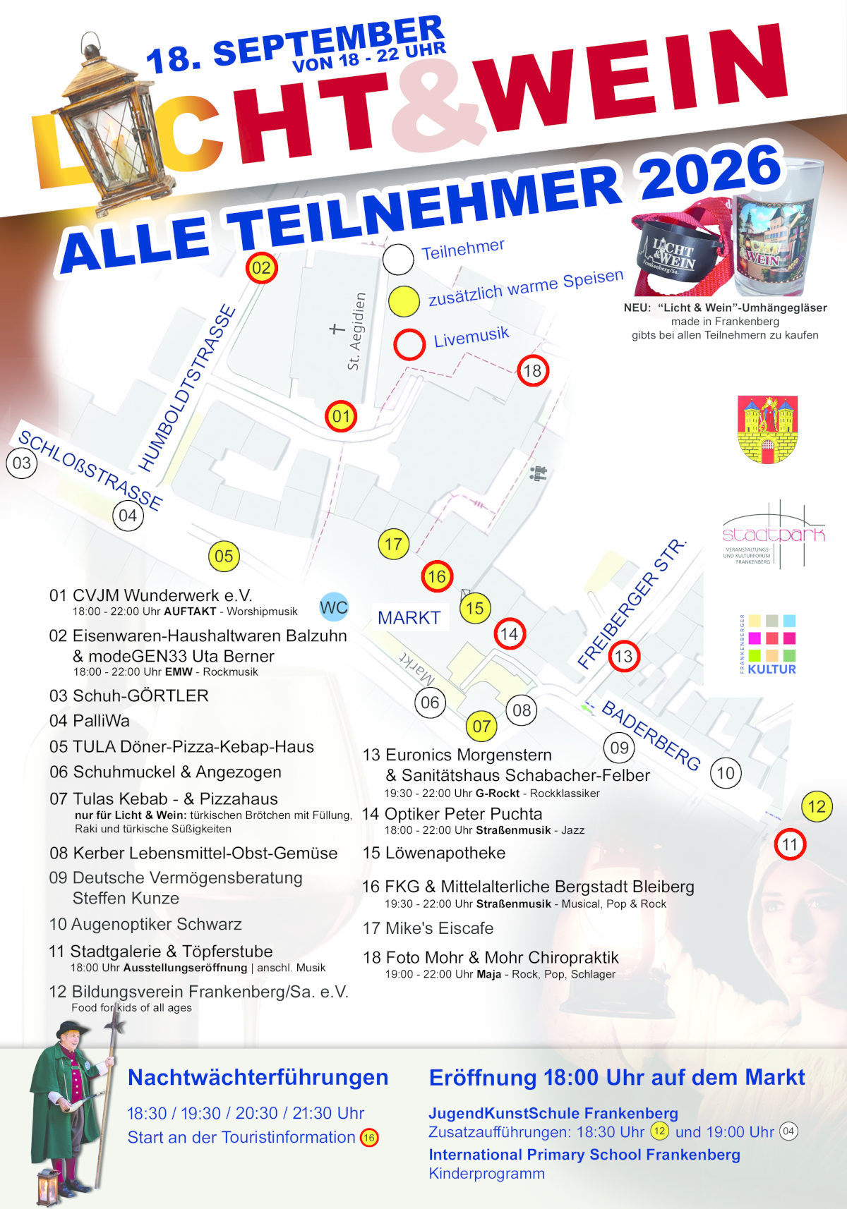 Teilnehmerplakat Licht & Wein - Frankenberger Händler laden ein. Freitag, 18.09.2026 18:00 Uhr bis 22:00 Uhr Teilnehmerplakat Licht & Wein - Frankenberger Händler laden ein. Freitag, 18.09.2026 18:00 Uhr bis 22:00 Uhr